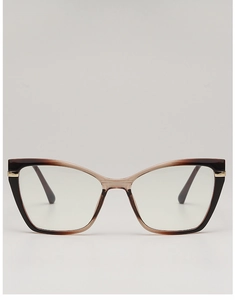 Detailed close-up of brown gradient cat-eye glasses frame with gold metal temple accents