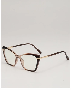 Detail of cat-eye frames with gradient brown color and golden metal temple joints