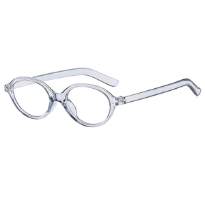 Retro oval transparent eyeglass frames with clear lenses from a side 45-degree angle view