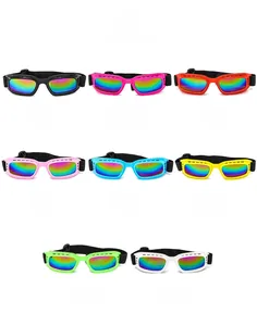Matrix display of dog goggles in eight optional colors with adjustable elastic straps
