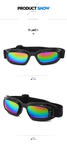 Front and side views of black outdoor riding glasses with adjustable elastic headband