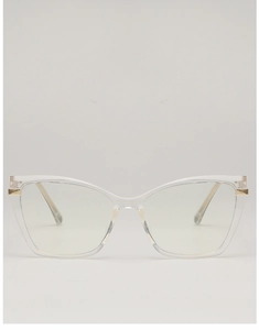 Close-up of cat-eye glasses frame with elegant gold metal hinge and clear finish