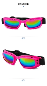 Front and side views of rose red pet goggles with colorful lenses and adjustable strap