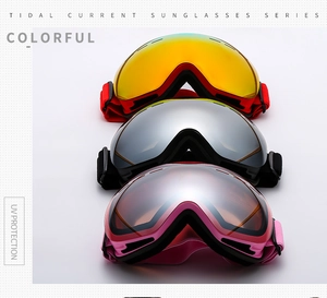 Vertical display of double-layer anti-fog ski goggles with various color lenses and UV protection