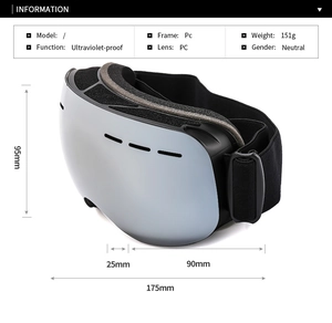 Detailed technical diagram of ski goggles showing dimensions and PC lens specifications