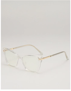 Detailed side view of clear cat-eye glasses frame with elegant gold metal hinges