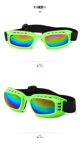 Green pet goggles with iridescent lenses and side ventilation holes shown from two angles