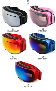 Multiple color variations of double-layer anti-fog ski goggles with large spherical lenses