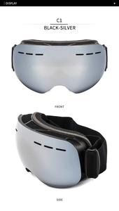 Front and side views of black and silver anti-fog ski goggles with wide lens