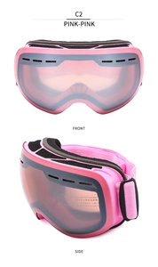 Detailed front and side views of pink anti-fog ski goggles with comfortable foam padding