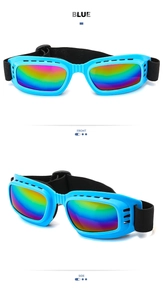Adjustable blue pet goggles with rainbow lenses showing front and side views