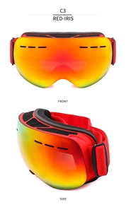 Front and side views of red ski goggles featuring dual-layer anti-fog lenses and sponge padding
