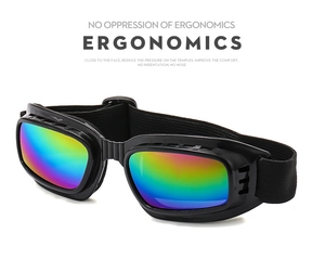 Close-up of ergonomic black frame ski goggles with rainbow gradient coated lenses
