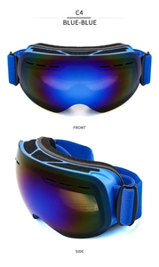 Front and side view of blue dual-layer anti-fog ski goggles with adjustable elastic strap