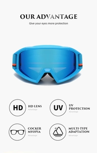 Detail showing the HD lens, UV protection, and myopia-ready frame of blue ski goggles