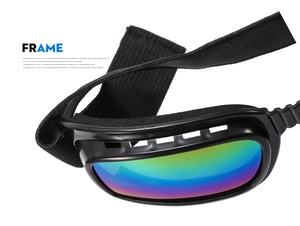 Detail view of colorful polarized lenses and matte black frame on sports goggles