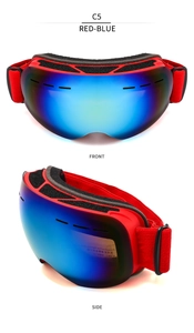 Detailed front and side views of red professional ski goggles with blue coated lenses