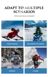 Detailed four-panel view of ski goggles showing multi-scenario outdoor winter sports performance
