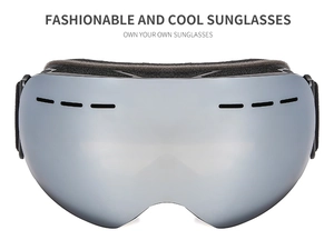 Macro detail of anti-fog ski goggles with silver mirrored lenses and foam padding