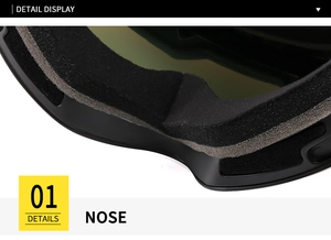 Detail view of thickened foam nose pad on colorful double-layer anti-fog ski goggles