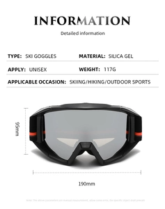 Detailed size specifications for anti-fog ski goggles with dimensions 190mm by 95mm
