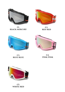 Set of five anti-fog ski goggles showing various lens colors including silver, red, and blue
