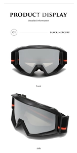 Front and side view of black matte anti-fog ski goggles with silver mercury lenses