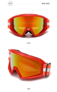 Front and side views of red anti-fog ski goggles with orange mirrored lenses