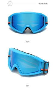 Front and side macro views of blue mirrored anti-fog ski goggles with reinforced lens