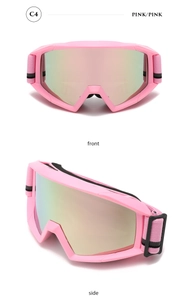 Front and side views of pink anti-fog ski goggles with adjustable elastic strap