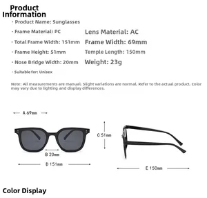 Detailed size chart showing frame width and lens height for square black sunglasses