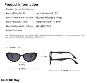 Detailed size chart for retro cat-eye sunglasses showing 147mm frame width and 24g weight