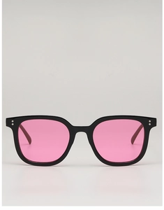 Front detail of square black frame sunglasses with pink lenses and silver rivets