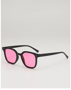 Close-up of square black frame sunglasses with trendy pink lenses and rivet detail