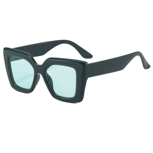 Stylish square dark green sunglasses with light blue lenses shown at a 45-degree angle
