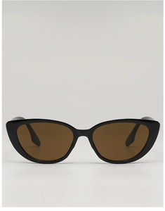 Detailed view of elegant black cat-eye sunglasses with premium brown tinted lenses