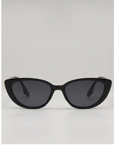 Detailed front view of classic black cat-eye sunglasses with polished frames and dark lenses