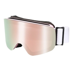 Children's ski goggles with pink gold mirrored lenses and white adjustable elastic strap