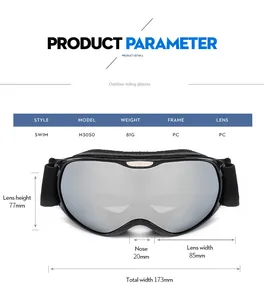 Detailed size chart for kids ski goggles showing 173mm width and PC frame specs