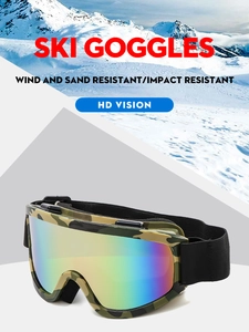 Detail of camo ski goggles with colorful lenses and impact resistant frame for adults