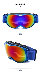 Front and side view of kids ski goggles with blue frame and rainbow anti-fog lenses