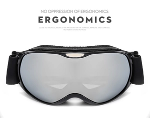Detail of silver mirrored lens kids ski goggles with ergonomic black adjustable strap