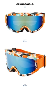 Detailed front and side views of orange ski goggles with graffiti frame and blue mirror lens