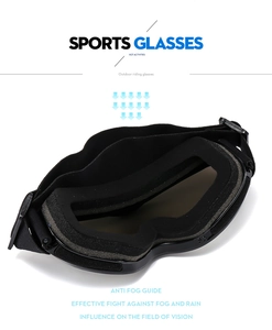 Detail view of anti-fog kids' ski goggles with black padding and adjustable elastic strap