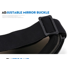 Detail of adjustable mirror buckle and high elastic band on black ski goggles