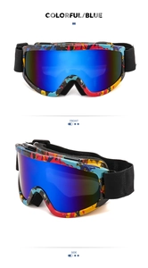 Front and side views of blue ski goggles with artistic splatter frame and wide strap