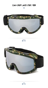 Front and side views of tactical ski goggles with camo frame and silver mirrored lenses