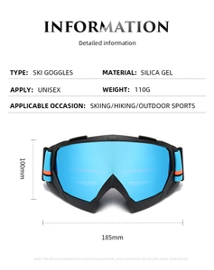 Detailed size specifications of ski goggles with blue lenses and dimensions for unisex use