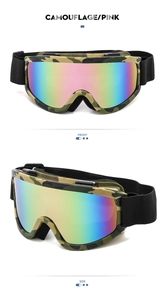 Front and side view of pink camouflage ski goggles with iridescent lens and elastic strap
