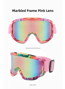 Front and side view of marble pattern ski goggles with pink gradient mirror lenses